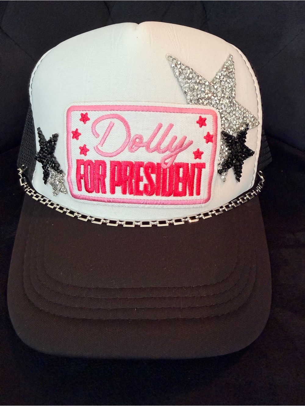 Dolly Parton For President Trucker Hat - White & Black with Pink Patch